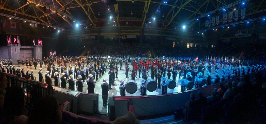 The Band in a mass marching formation at the Okanagan Military Tattoo